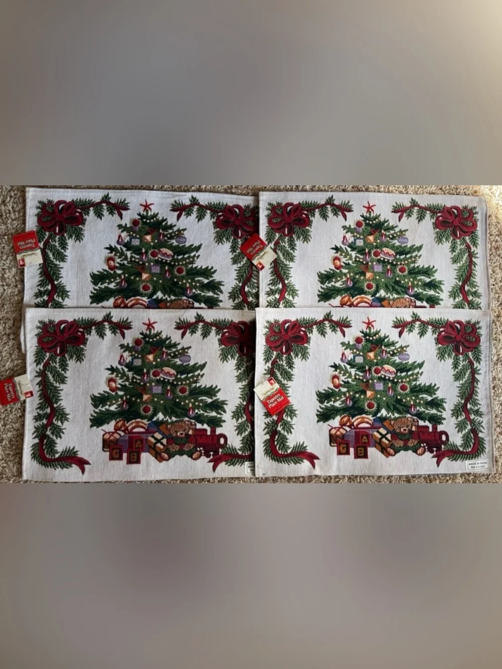 Vintage Holiday Tree Tapestry New Table Placemats with Red and Green Accents